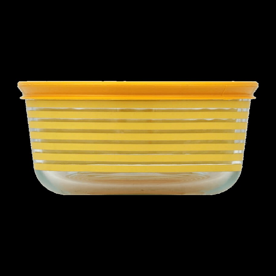 Pyrex Borosilicate Glass Baking Round Storage 4 Cup Printed Stripes With Yellow Lid