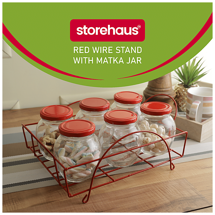 STOREHAUS Red Wire Stand With Matka Jars - Red Lids