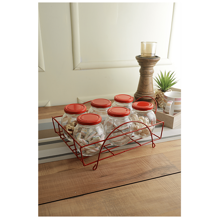 STOREHAUS Red Wire Stand With Matka Jars - Red Lids