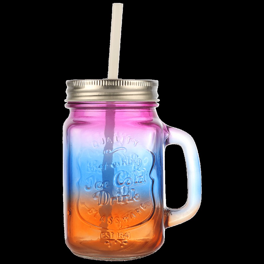 Soham Mason Jar Multi-Colour Single H19-7 With Straw & Gift Box