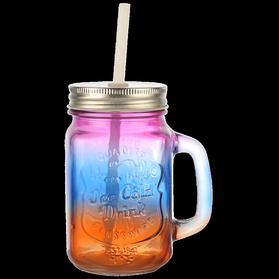 Soham Mason Jar Multi-Colour Single H19-7 With Straw & Gift Box