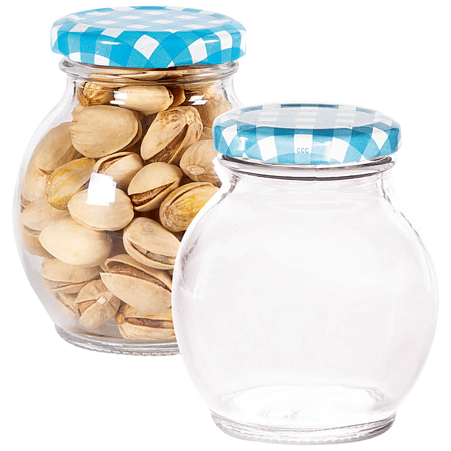 Yera Glass Jar Set With Blue Printed Lids - Small