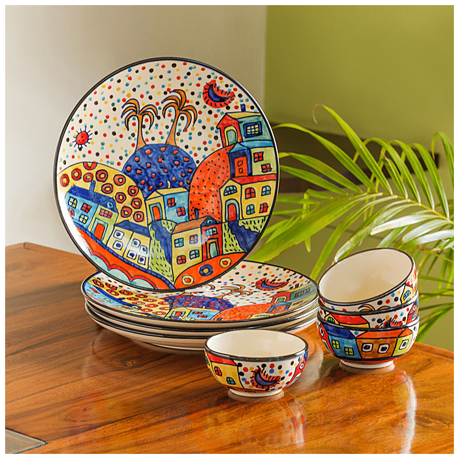 ExclusiveLane Ceramic Dinner Set - Plates With Katoris