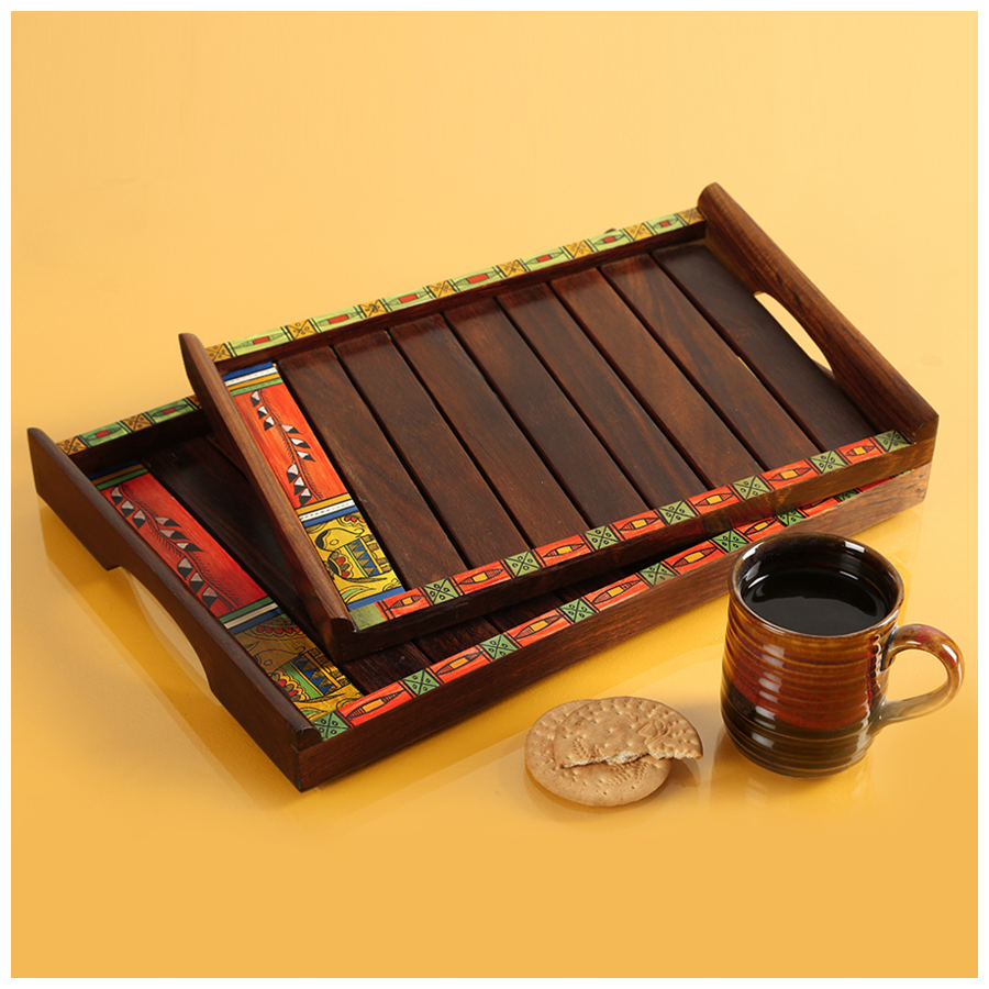 ExclusiveLane Hand-Painted Nested Trays - In Sheesham Wood