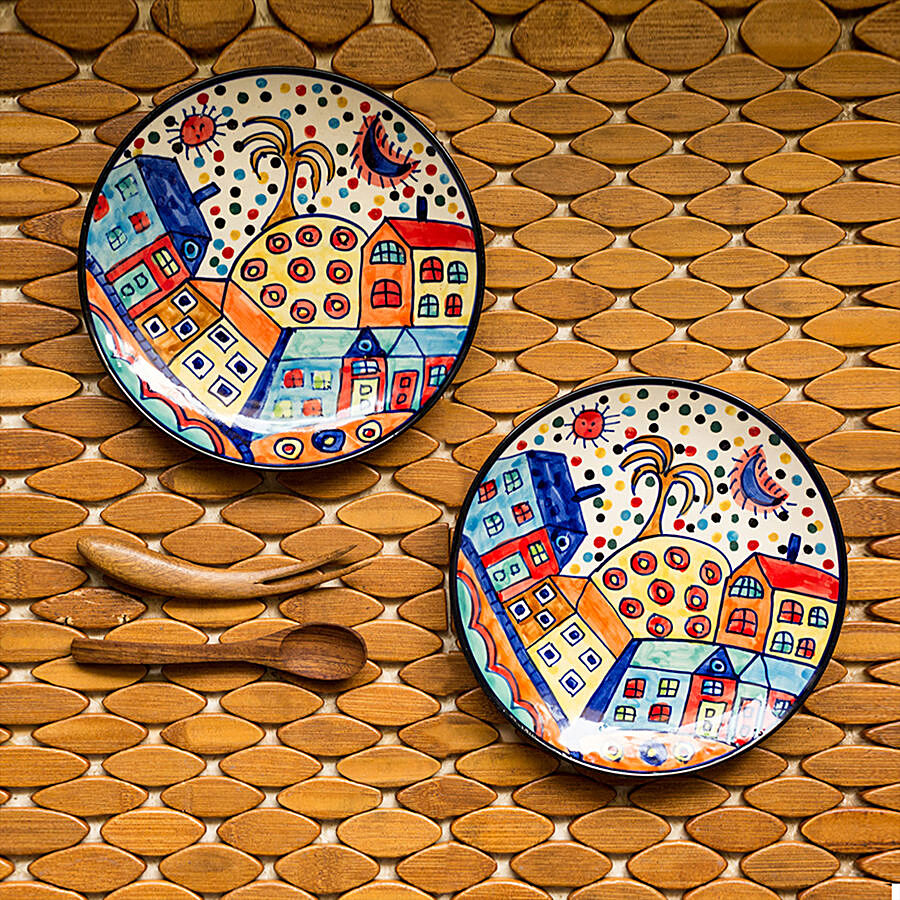 ExclusiveLane The Hut Couple Ceramic Quarter Plates - Hand-Painted