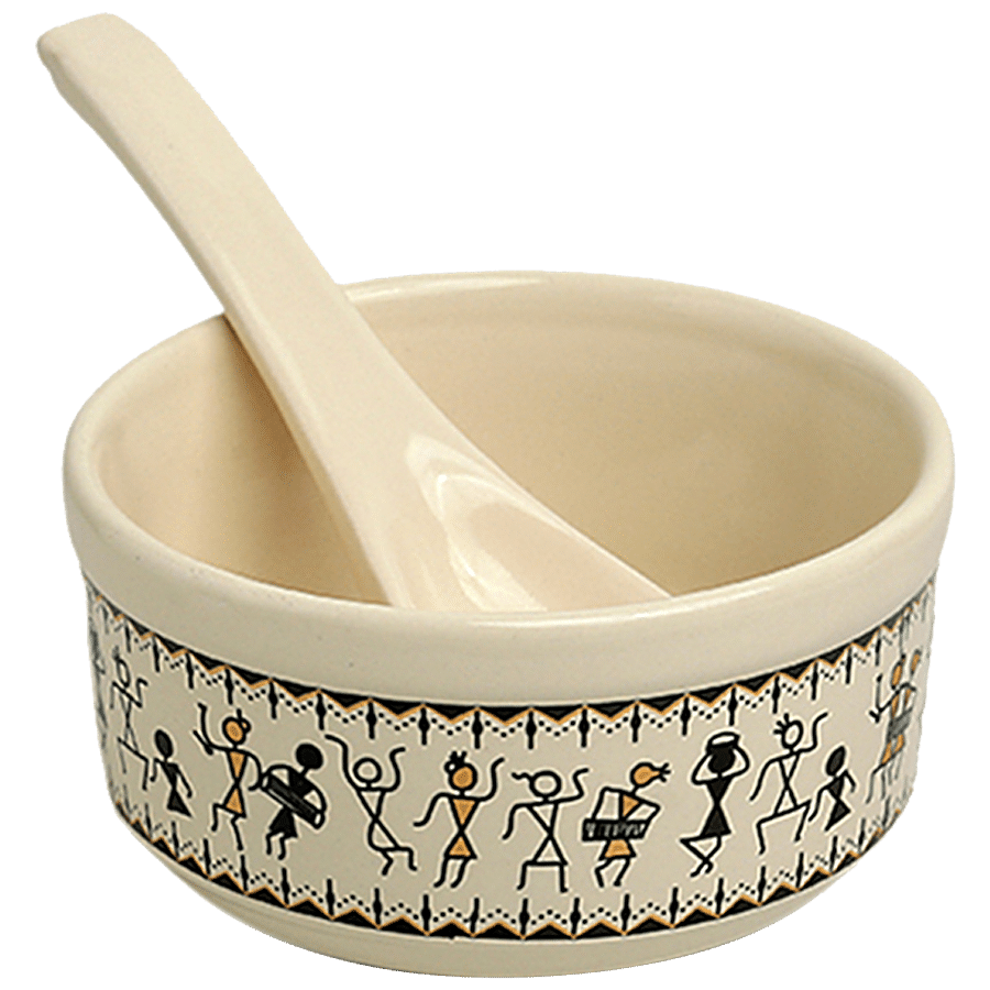 ExclusiveLane Whispers Of Warli Ceramic Soup Bowls With Spoons - Handcrafted