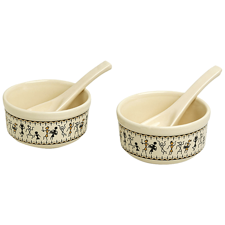 ExclusiveLane Whispers Of Warli Ceramic Soup Bowls With Spoons - Handcrafted