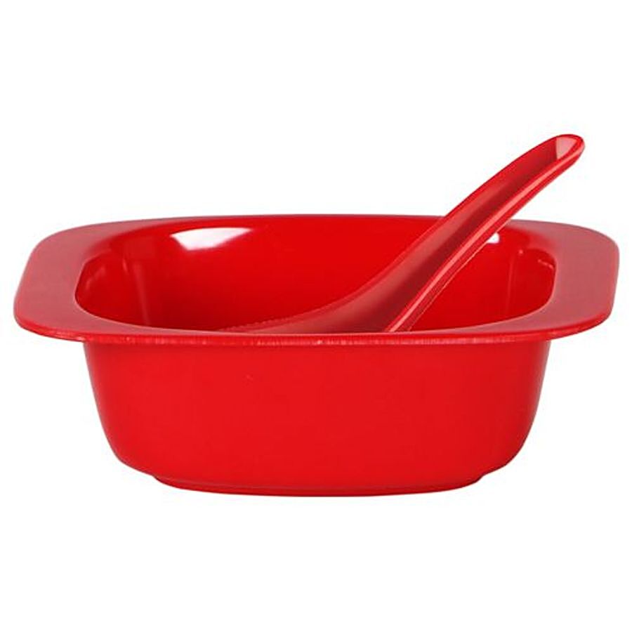 Iveo  100% Melamine Soup Bowl With Spoon Set - Red