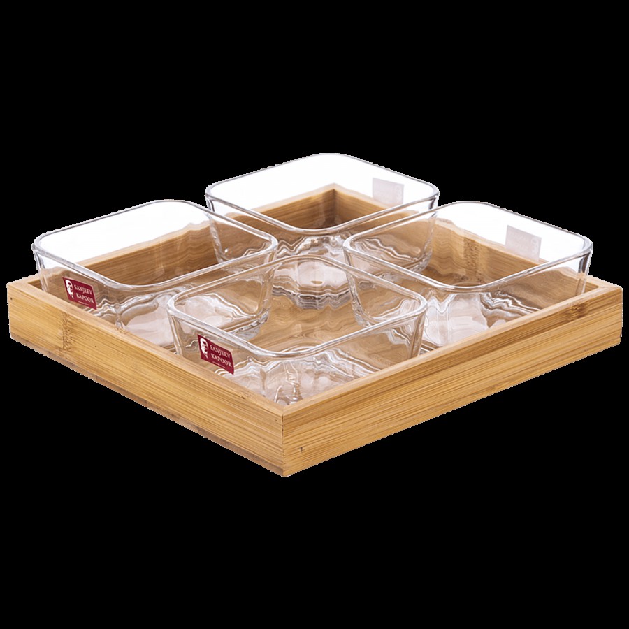 Sanjeev Kapoor Glass Bowls & Wooden Tray Set - Bahamas