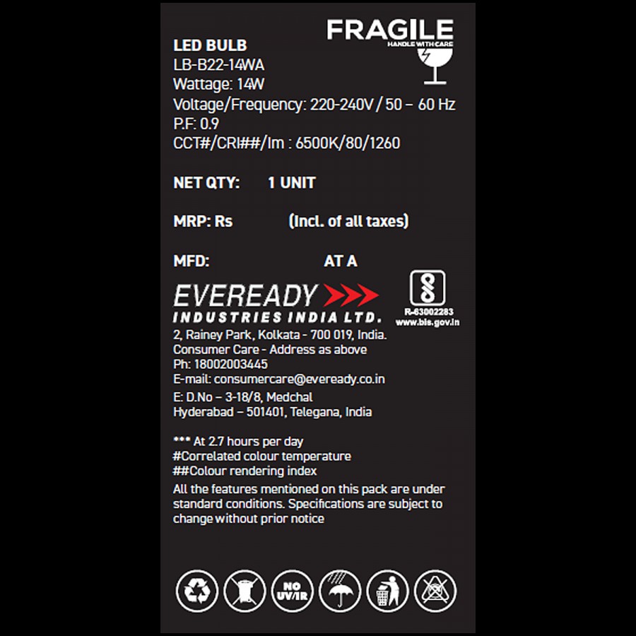 Eveready 14W LED Light Bulb Cool Day Light 6500K 1260 Lumens