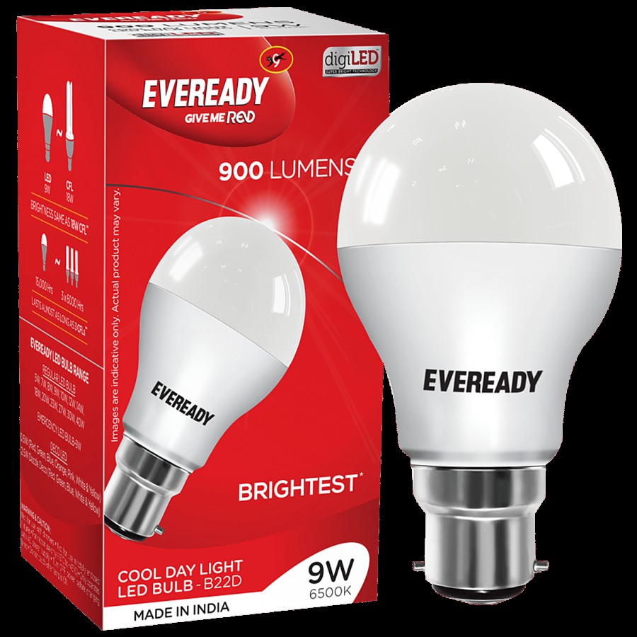 Eveready LED Bulb Base B22D (9 Watt + 14 Watt) (each 1 Pc) + Battery Red AAA 1012