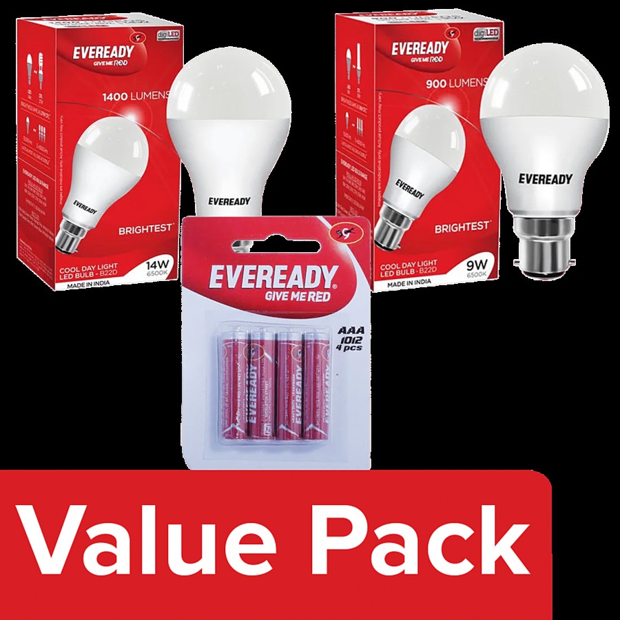 Eveready LED Bulb Base B22D (9 Watt + 14 Watt) (each 1 Pc) + Battery Red AAA 1012