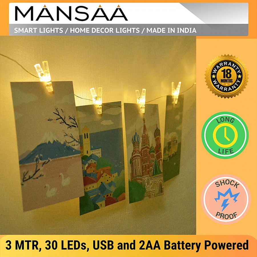 MANSAA 30 LED Copper Photo Clips String USB Light