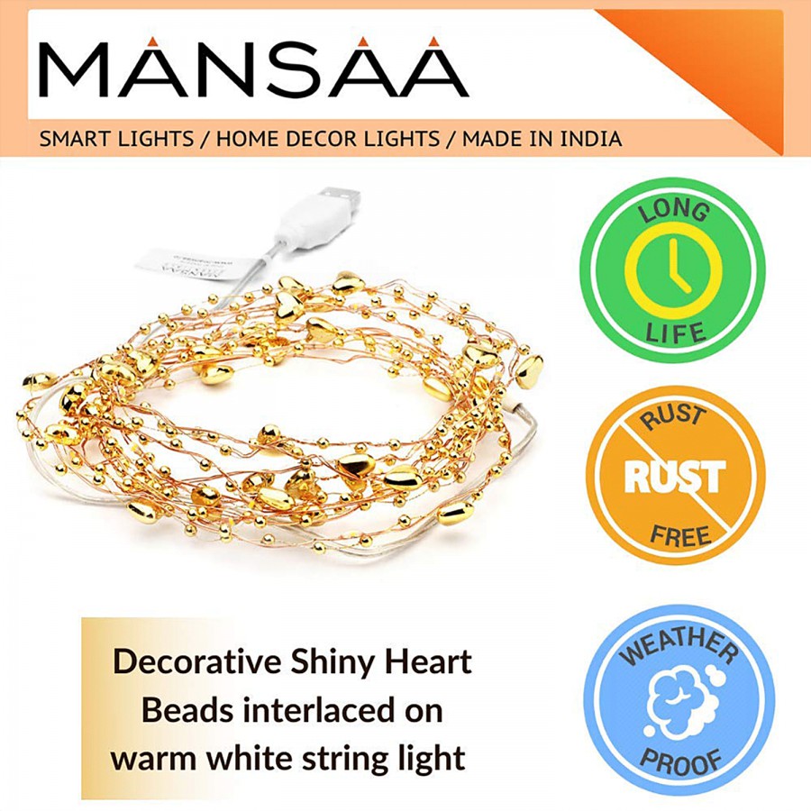 MANSAA USB Copper Heart Beads String Fairy Lights