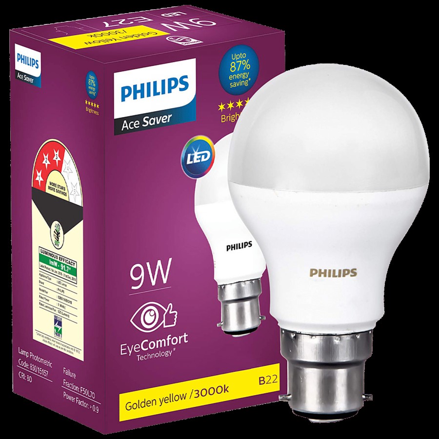 Philips Ace Saver LED Bulb 9w B22 - Warm White/Golden Yellow