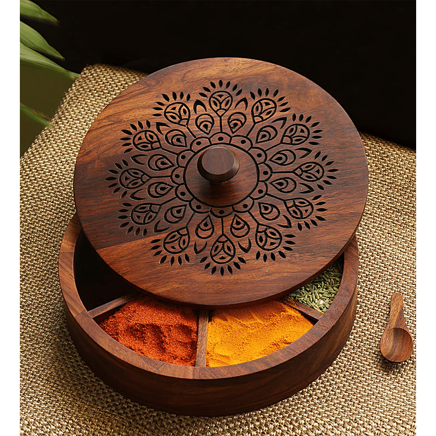 ExclusiveLane The Dancing Peacock Hand Carved Spice Box With Spoon in Sheesham Wood - 7 Partitions