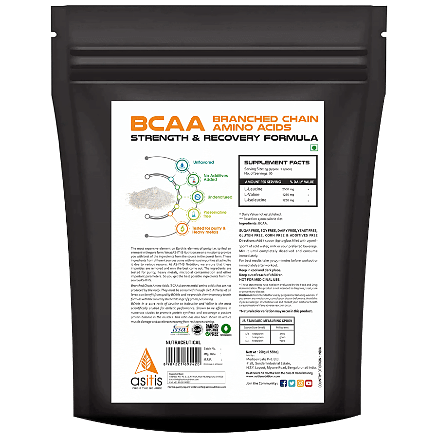 AS-IT-IS Nutrition BCAA 100% Pure Powder - Pre/Post Workout Body Building Supplement