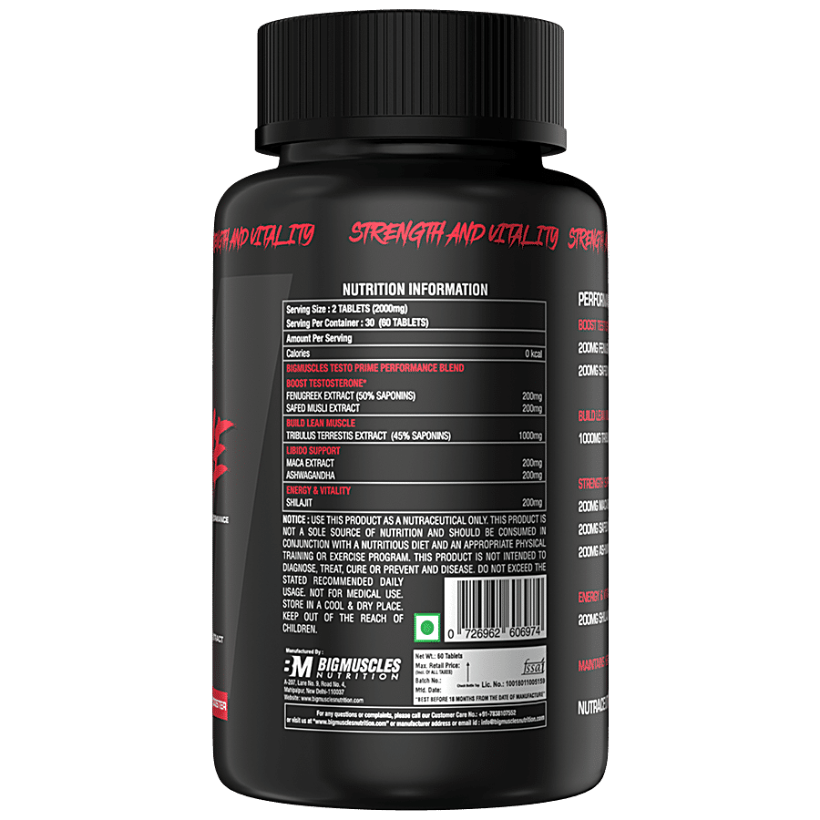 Bigmuscles Nutrition Testosterone Booster Supplement Tablets - Testo Prime