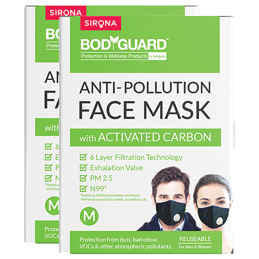 Bodyguard Reusable N99+PM2.5 6 Layer Anti Pollution Face Mask - Medium| Nose Clip for Better Fit| Exhalation Valve for Easy Breathing (Pack of 2)