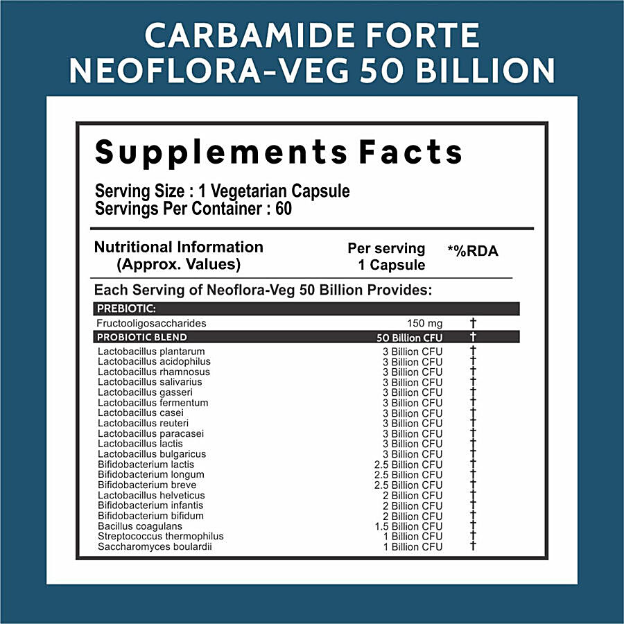 Carbamide Forte Probiotics 50 Billion CFU + 150mg Prebiotics Vegetarian Capsules - For Better Digestion