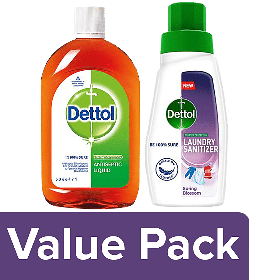 Dettol Antiseptic Liquid 1 L + Laundry Sanitizer- Spring Blossom 480 ml