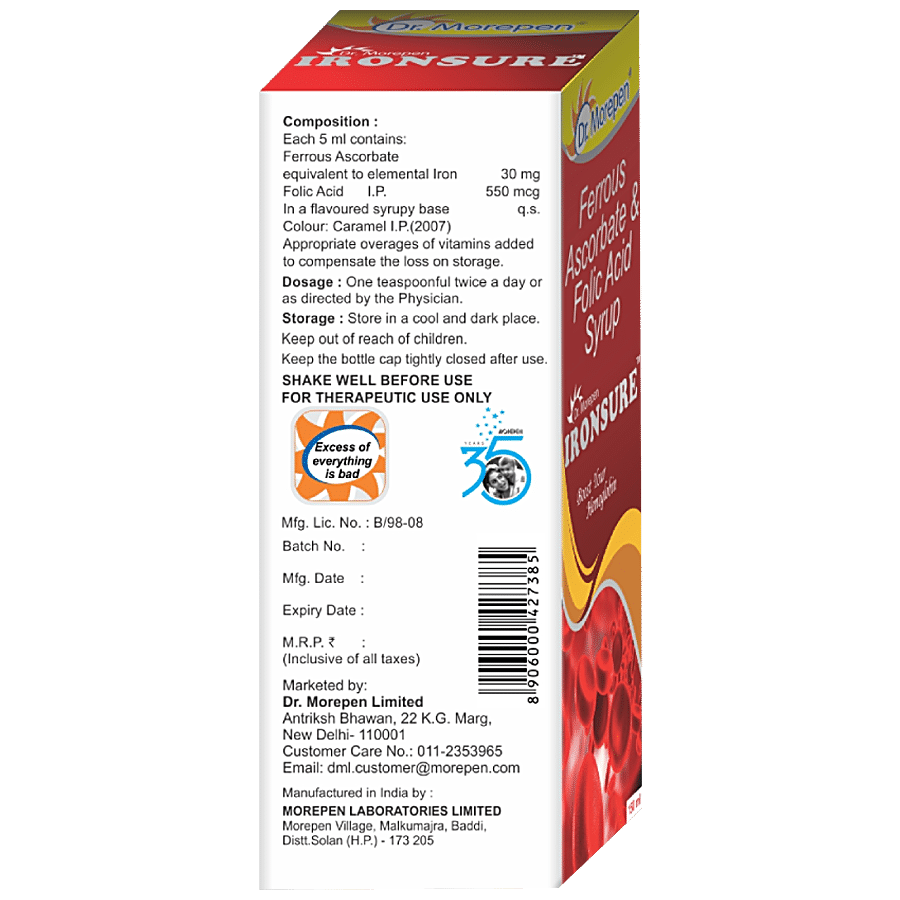 Dr. Morepen Ironsure - Folic Acid & Iron Supplement Hemoglobin Booster Syrup