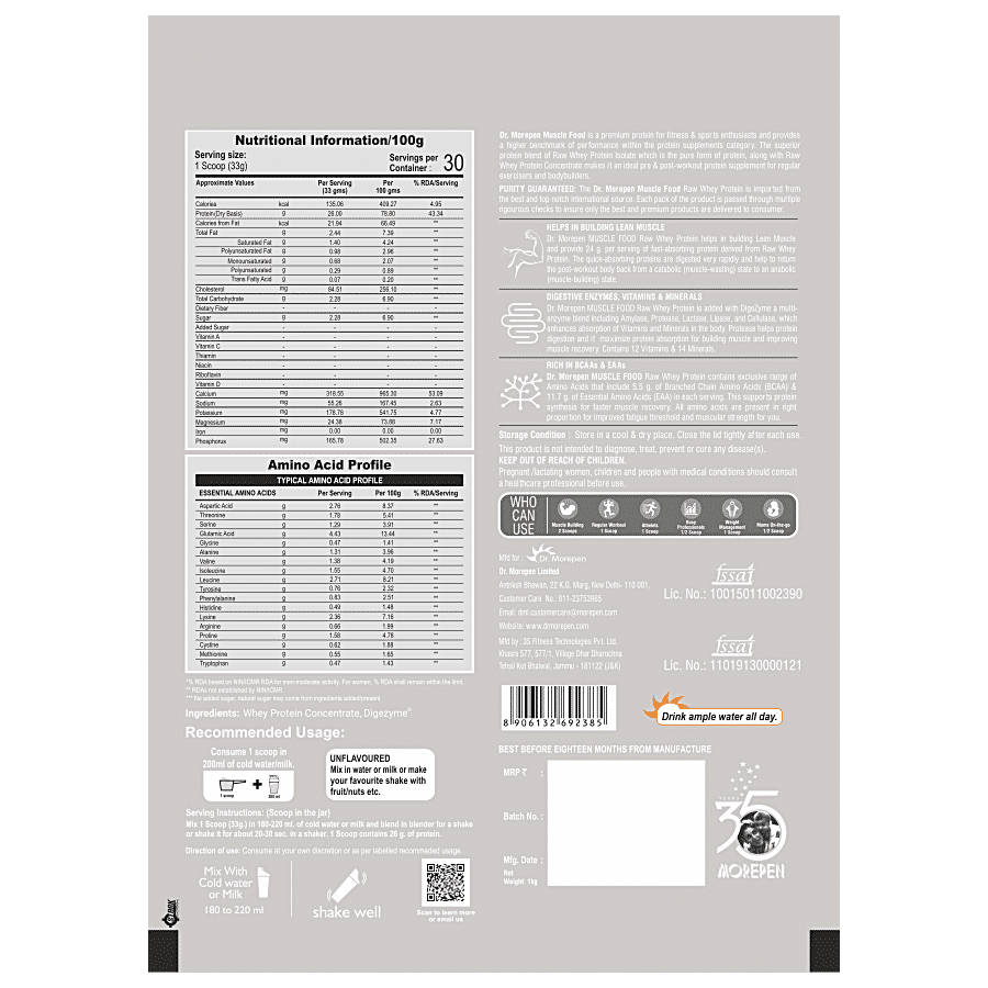 Dr. Morepen Muscle Food Raw Whey Protein Powder - With Digestive Enzymes & Minerals