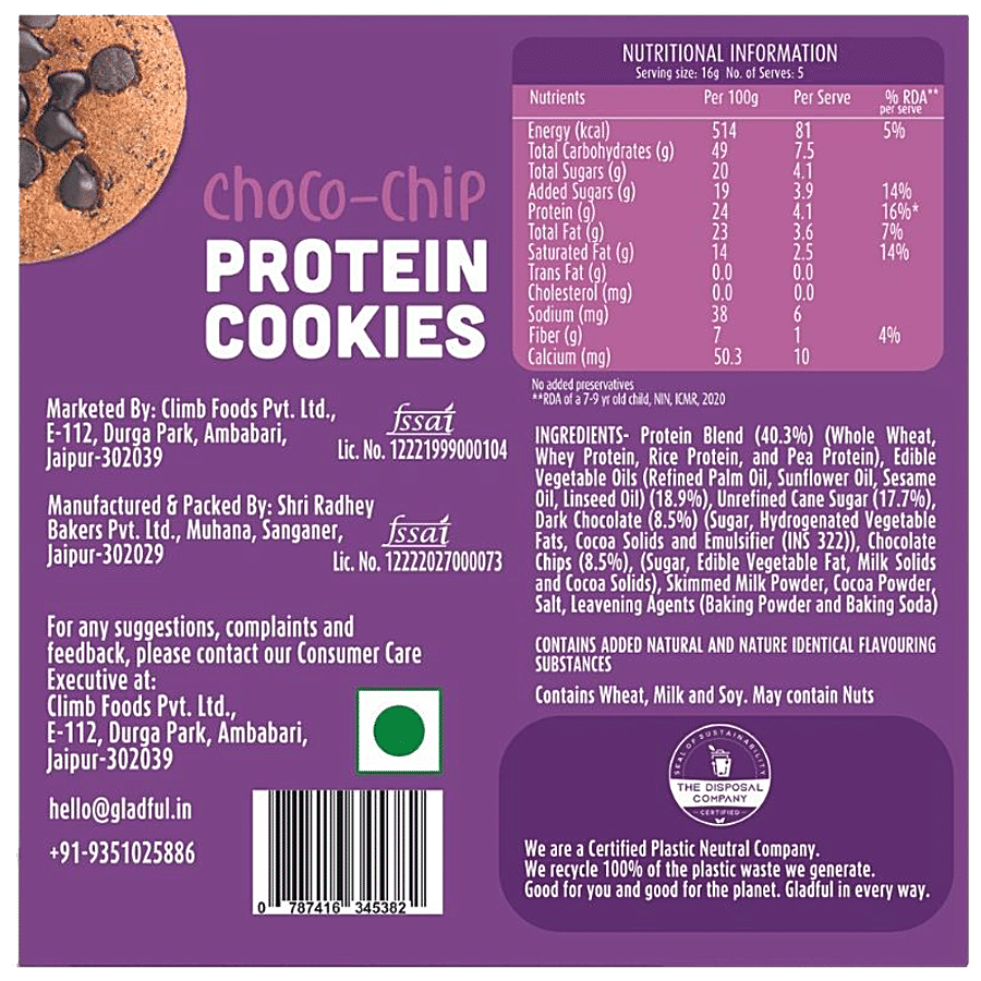 Gladful Choco Chip Protein Cookies - No Maida & Cholesterol