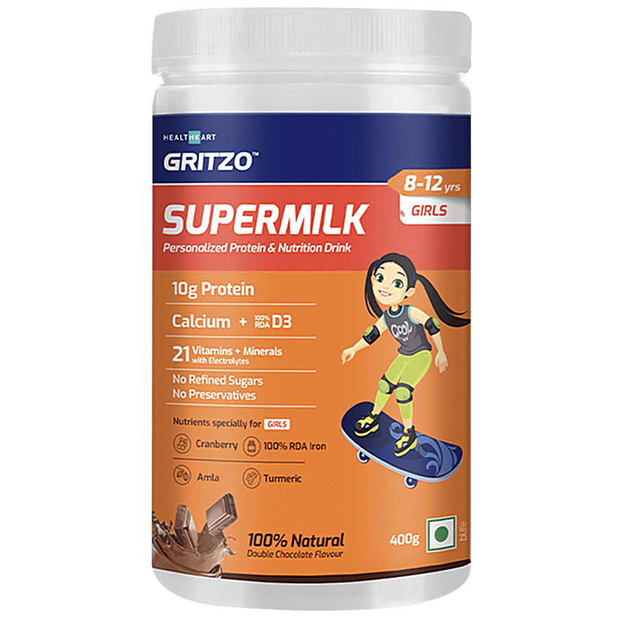 Gritzo SuperMilk Daily Nutrition For 8-12 Y Girls With Zero Refined Sugar - Double Chocolate