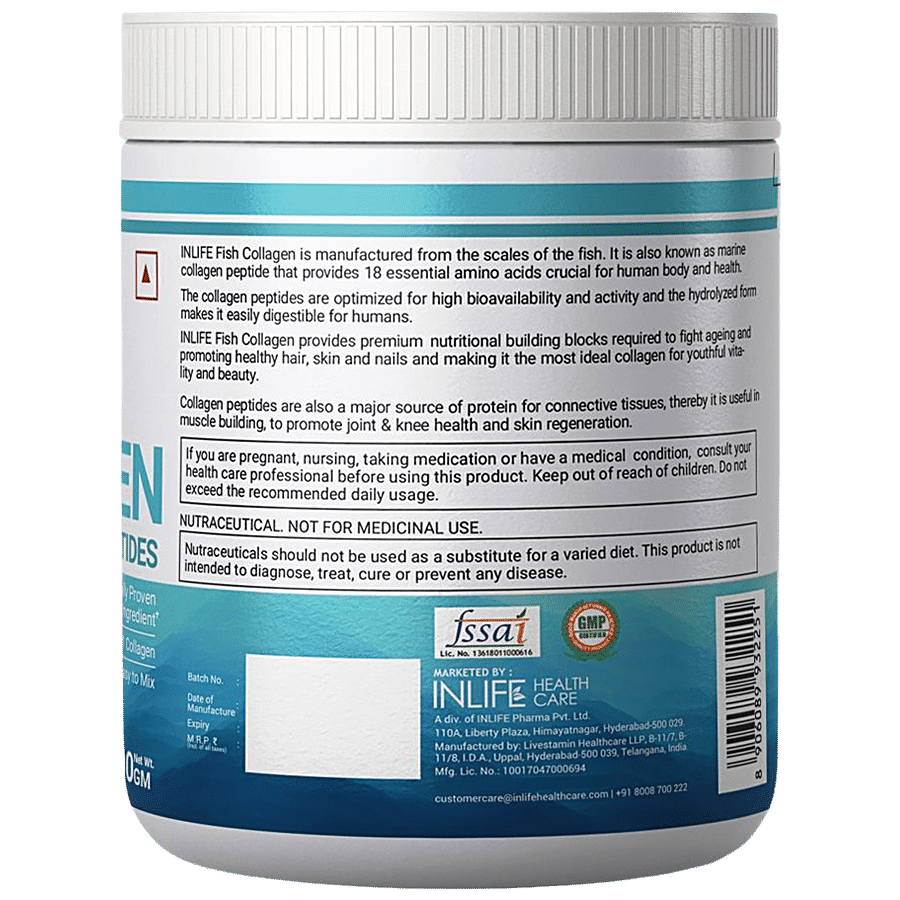 INLIFE Hydrolyzed Fish Collagen Peptides Powder - With 90% Protein