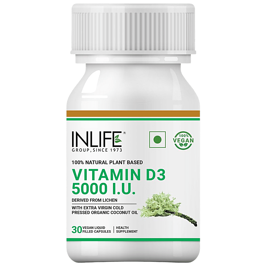 INLIFE Plant Based Vitamin D3 5000 IU Capsules - With Cold Pressed Coconut Oil