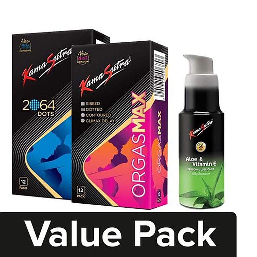 KamaSutra Condoms-Dott Max+Orgasmax 4-In-1 (12 pcs)+Water Based Lubricant- Aloe Vera 50 ml