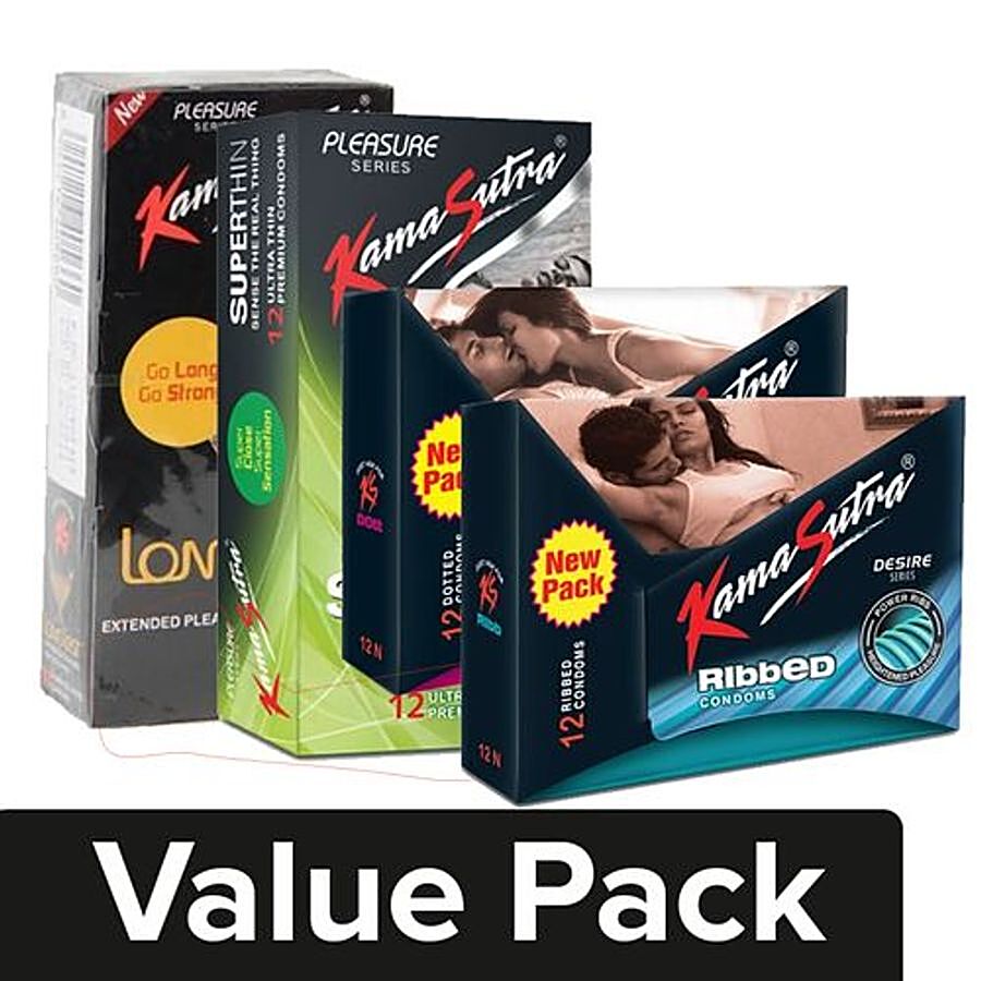 KamaSutra Long Last Condoms + Dotted Condoms + Ribbed Condoms + Superthin Condoms (12 pcs)