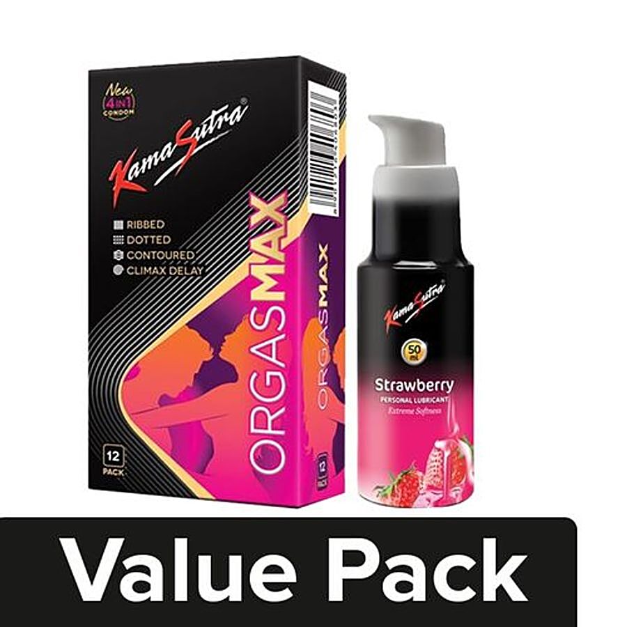 KamaSutra Orgasmax 4-In-1 Condoms 12 pcs + Water Based Lubricant - Strawberry 50 ml