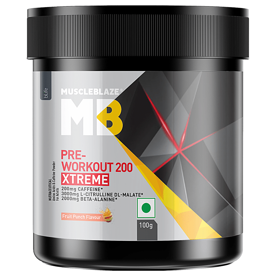 MuscleBlaze Pre-Workout 200 Xtreme Nutraceutical Amino Acids & Caffeine Powder - Fruit Punch Flavour