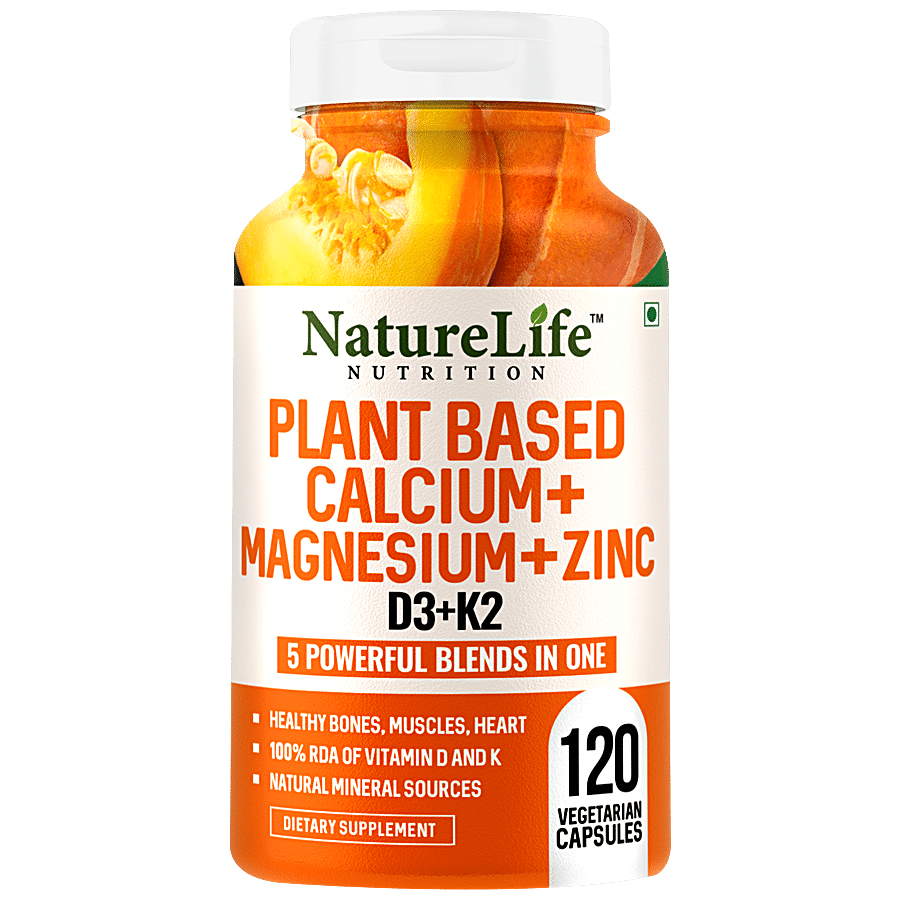 Nature Life Nutrition Plant Based Calcium Magnesium Zinc D3 & K2 Dietary Supplement Capsules - For Bones