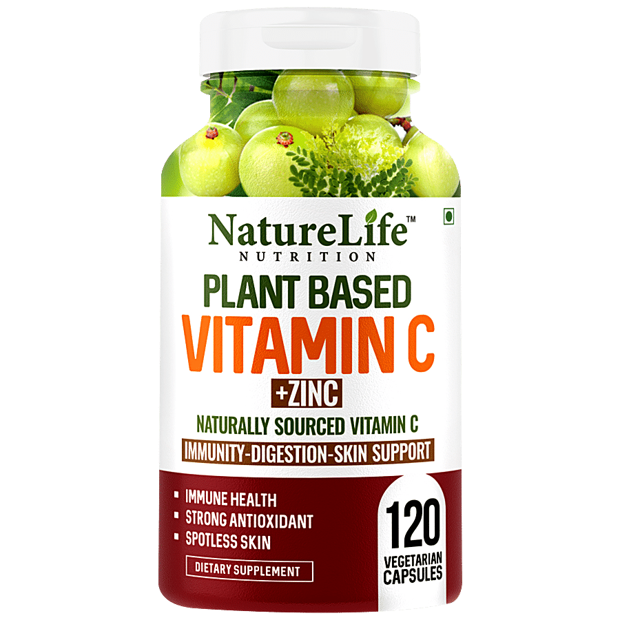 Nature Life Nutrition Plant Based Vitamin C Dietary Supplement Capsules - With Zinc