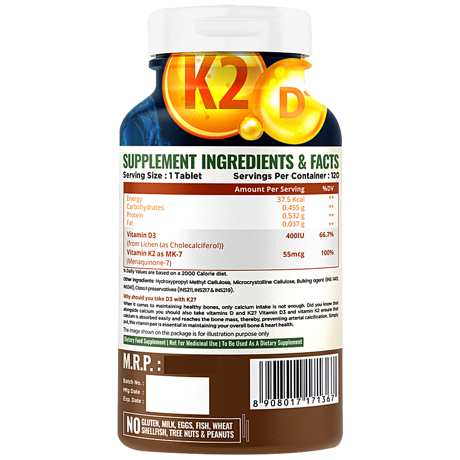 Nature Life Nutrition Vitamin D3 & K2 Supplement Tablets - For Heart & Bone Health Support