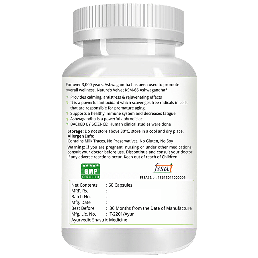 Natures Velvet KSM-66 Ashwagandha 500mg Vegetarian Capsules - High Potency 5% Withanolides