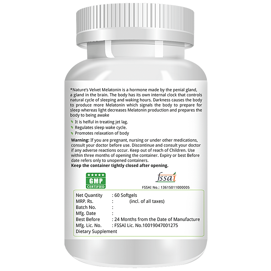 Natures Velvet Melatonin 5mg Softgels - Regulates Sleep Cycle