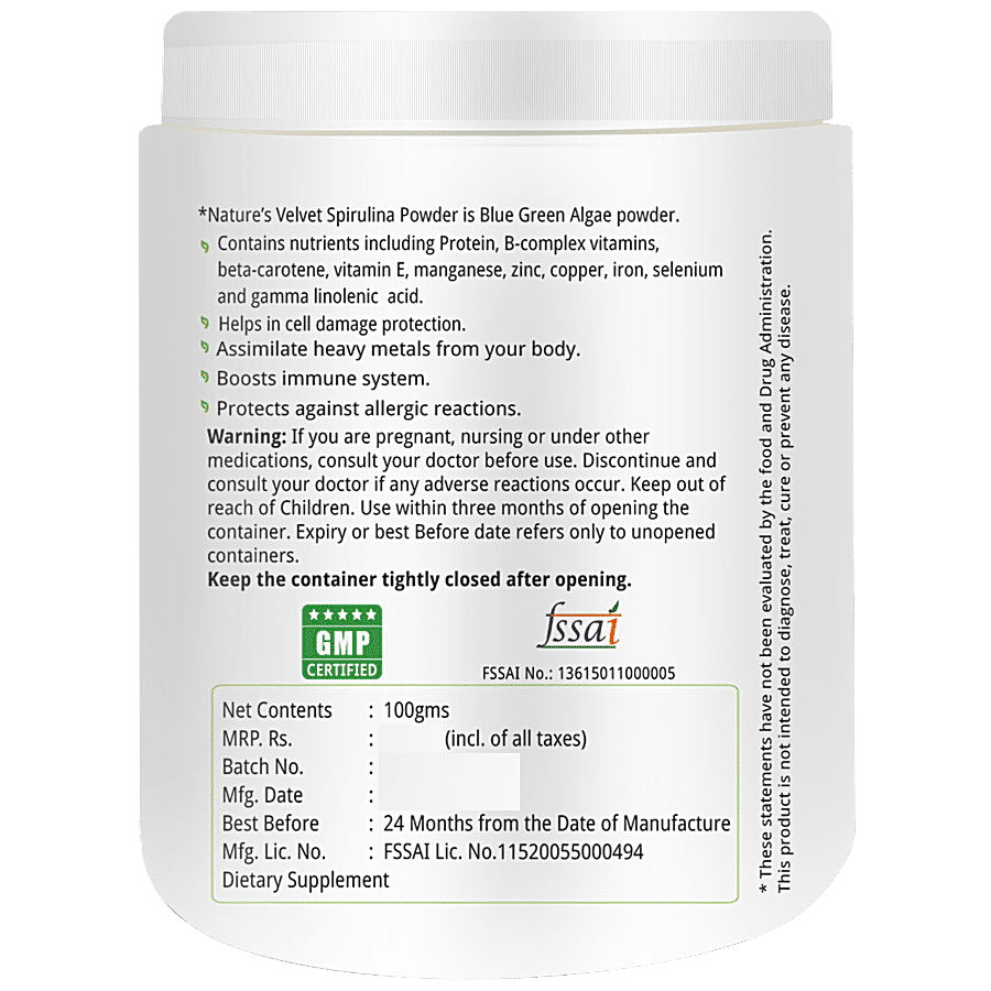 Natures Velvet Spirulina Powder - 100% Natural With Nutrients