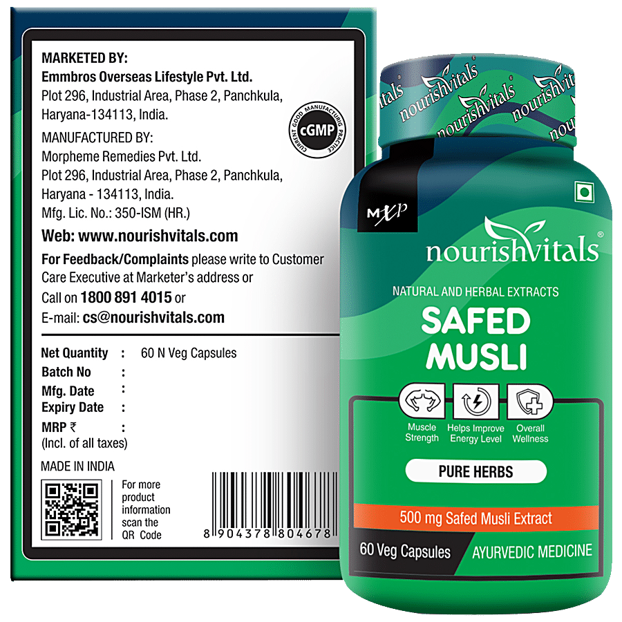 Nourishvitals Safed Musli 500 mg Capsules - With Saponins > 20% Pure Herbs