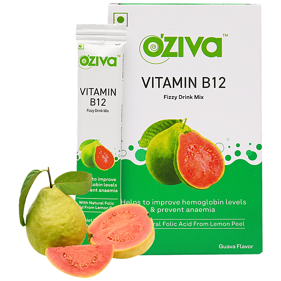 O'ZIVA Vitamin B12 Fizzy Drink Mix - 100% RDA of single Vitamin B12 With Natural Folic Acid From Lemon Peel For Better Haemoglobin Levels & Anaemia Prevention