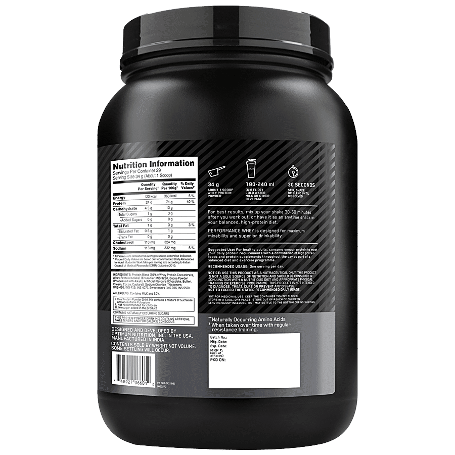 Optimum Nutrition Performance Whey Protein Powder - Chocolate Milkshake Flavour