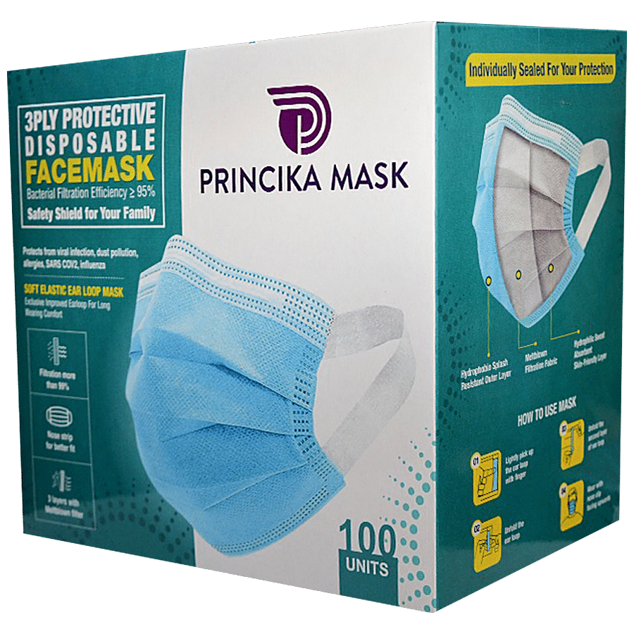 PRINCIKA MASK 3 Ply Protective Disposable Face Mask - Soft Elastic Ear Loop