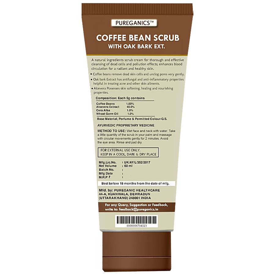 PUREGANICS Coffee Beans Scrub With Oak Bark Extract - Removes Dead Skin Cells