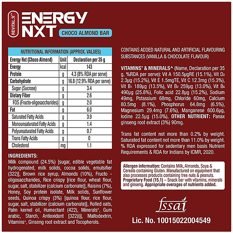 Revital Energy NXT Choco Almond Bar With Natural Ginseng - Vitamin & Mineral Rich