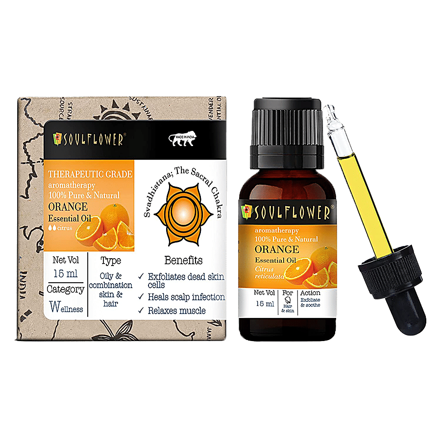 Soulflower Orange Essential Oil For Blemish Free Skin & Shiny Hair - 100% Natural & Organic