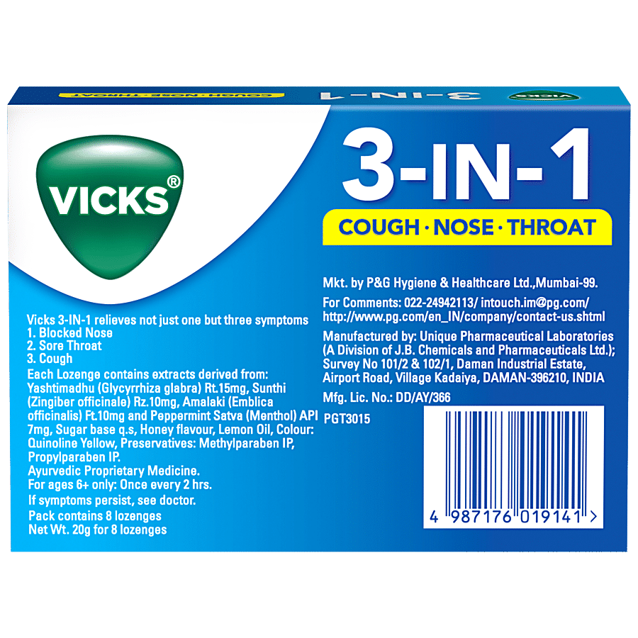 Vicks 3 In 1 Throat Lozenges For Cough - Honey Lemon