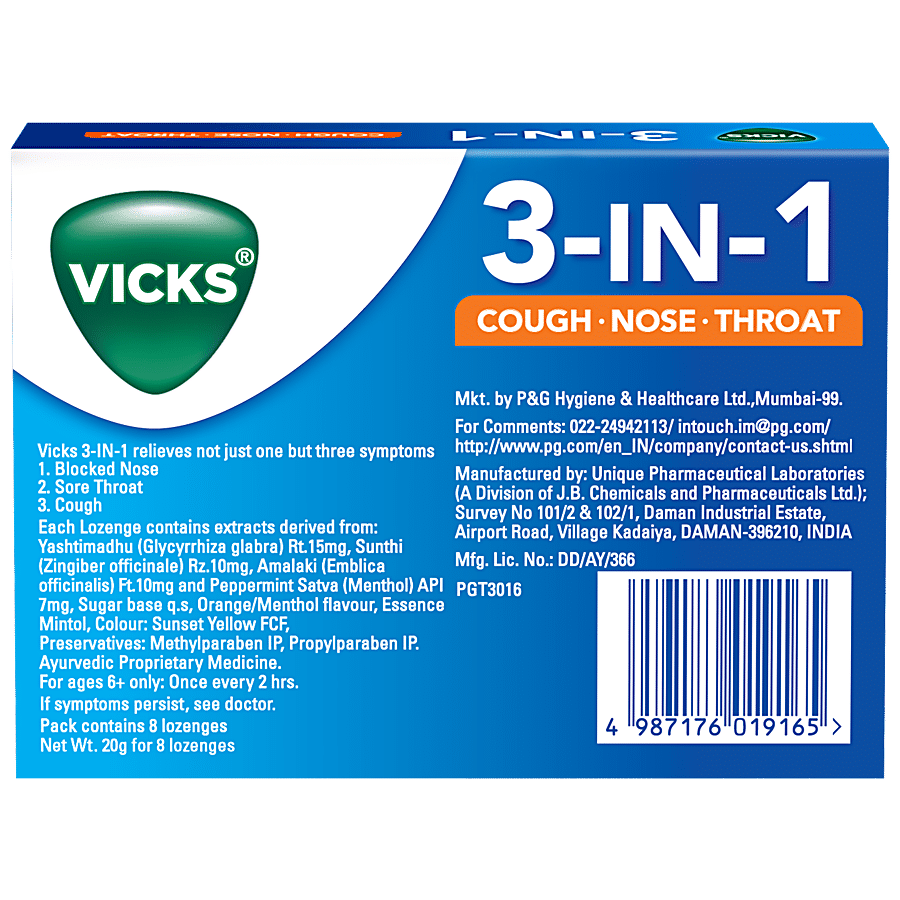 Vicks 3 In 1 Throat Lozenges For Cough - Orange Menthol